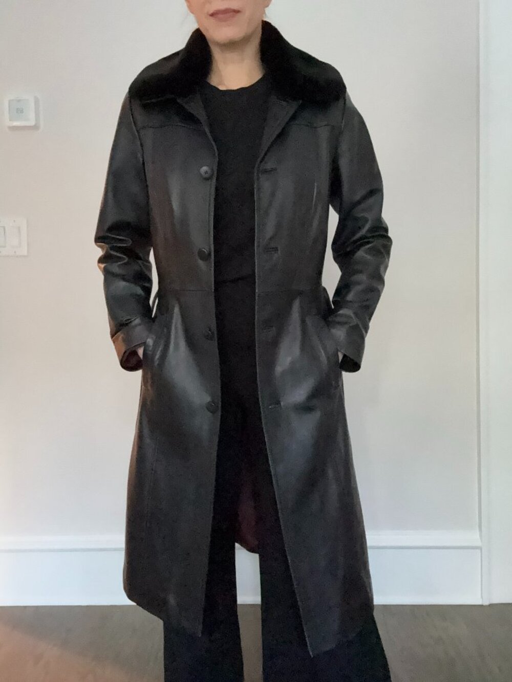 Women’s Long Leather jacket, XXS, black, Danier Leather, removable collar
